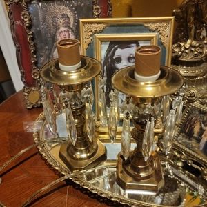 VINTAGE Brass lamps with crystal prisms globes needed or as is